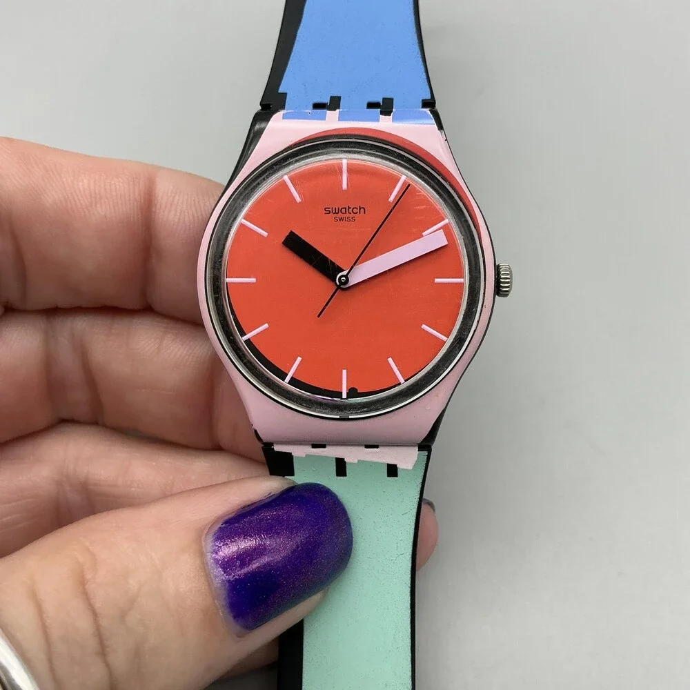 Swatch A COTE GB286 Womens Watch 34mm Orange Dial Pink Case Rubber New Battery